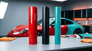 Gloss red, satin black and teal vinyl wrap film rolls on a workbench