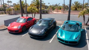 Three sports cars in red, black and teal vinyl wrap film in San Diego