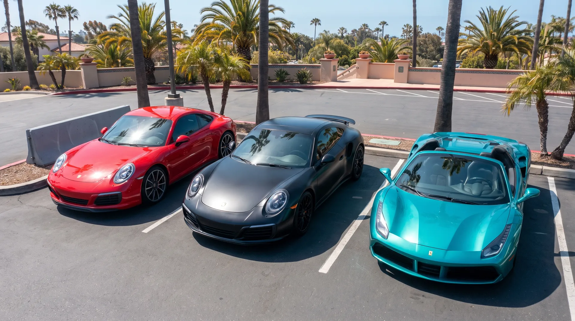 Three sports cars in red, black and teal vinyl wrap film in San Diego