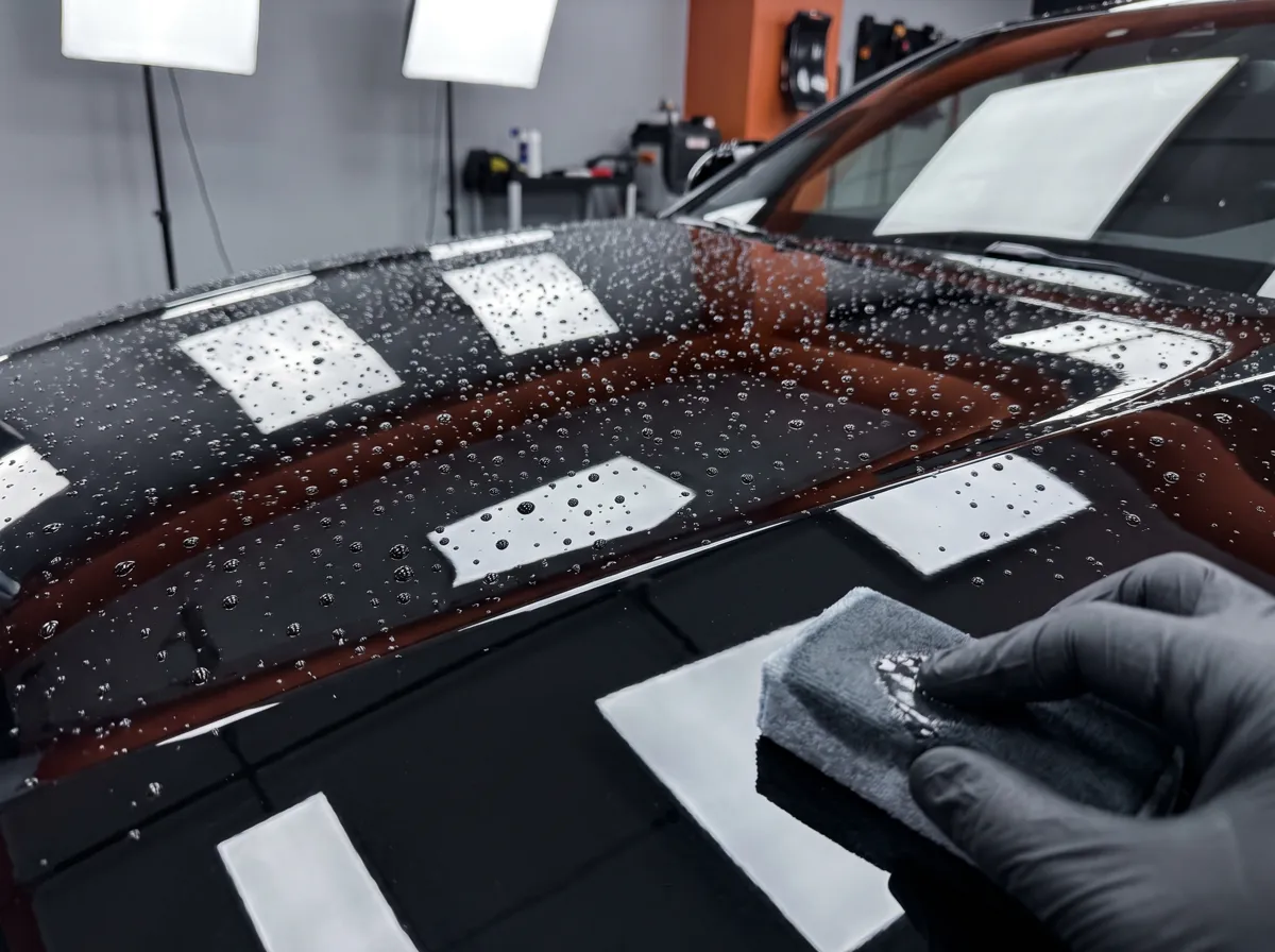 Water beading on a ceramic coated black car hood in San Diego Water beading on a ceramic coated black car hood in San Diego