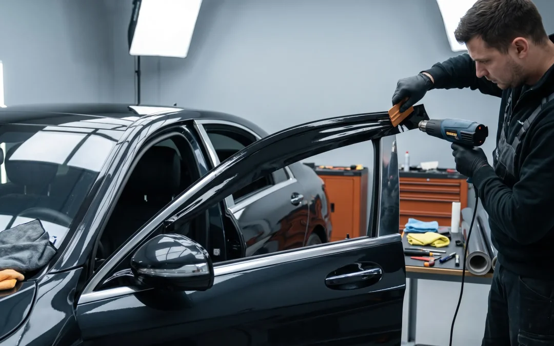 Installer heating gloss black vinyl for a chrome delete on sedan window trim