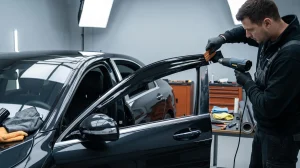 Installer heating gloss black vinyl for a chrome delete on sedan window trim