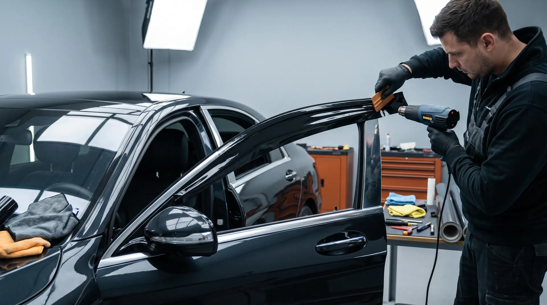 Installer heating gloss black vinyl for a chrome delete on sedan window trim