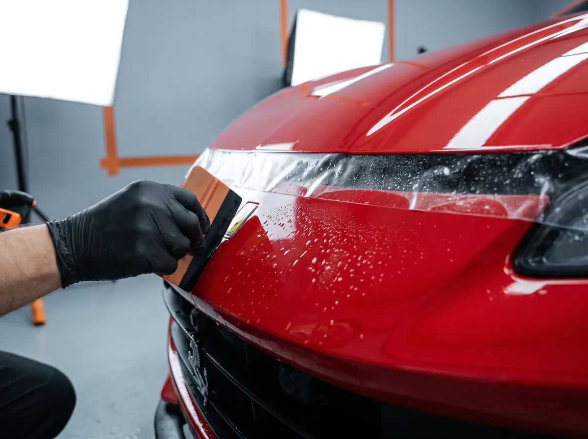Installer applying clear paint protection film to a red sports car bumper Installer applying clear paint protection film to a red sports car bumper