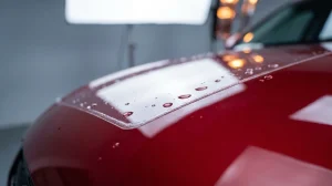 Edge of clear bra paint protection film on a red hood with water beading