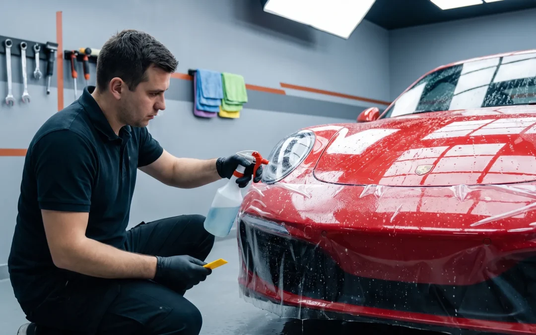 Technician installing clear bra paint protection film on a red sports car front bumper