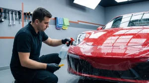 Technician installing clear bra paint protection film on a red sports car front bumper