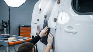 Technician aligning a printed contractor vehicle wrap panel on a white van door with magnets