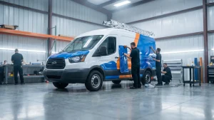 Crew installing blue and orange contractor vehicle wrap graphics on a white work van