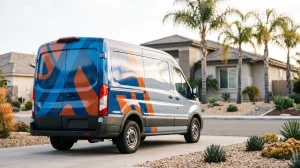 Contractor work van with blue and orange vehicle wrap parked outside a San Diego home