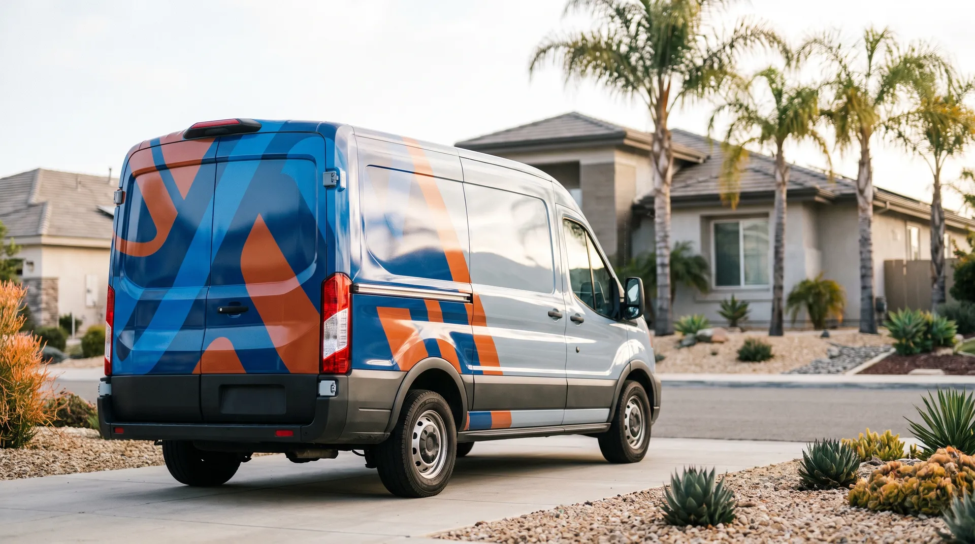 Contractor work van with blue and orange vehicle wrap parked outside a San Diego home