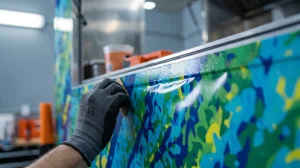 Installer smoothing a vibrant printed food truck wrap panel around a serving window