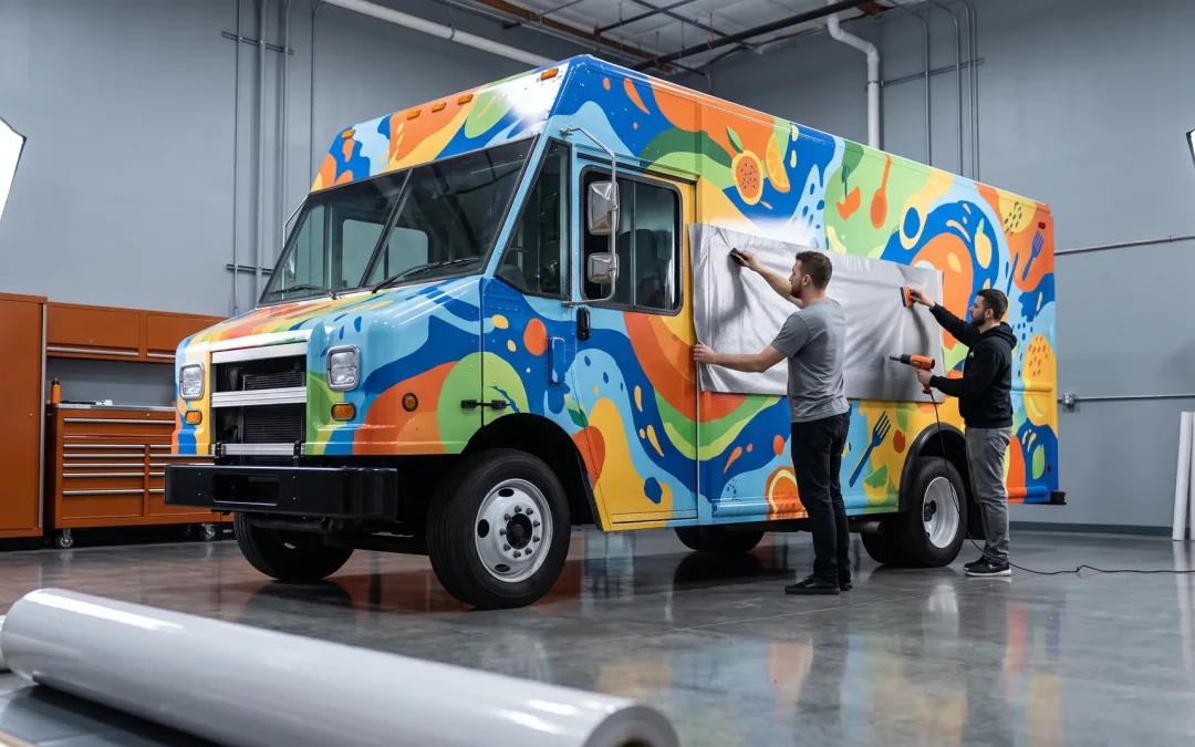 Installers applying a colorful printed food truck wrap inside a San Diego wrap shop