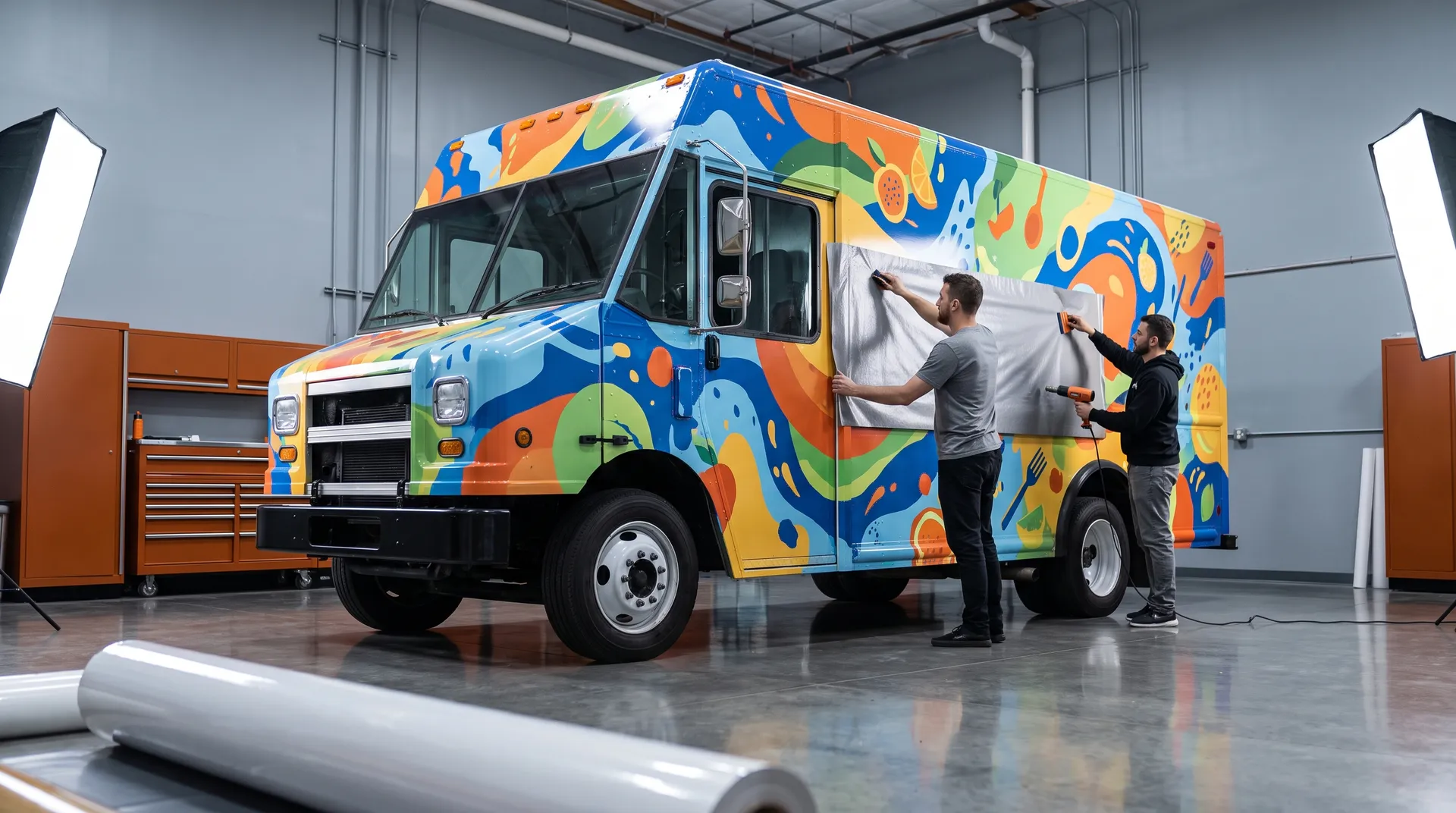 Installers applying a colorful printed food truck wrap inside a San Diego wrap shop
