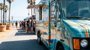 Food truck with colorful vinyl wrap serving customers near a San Diego beach
