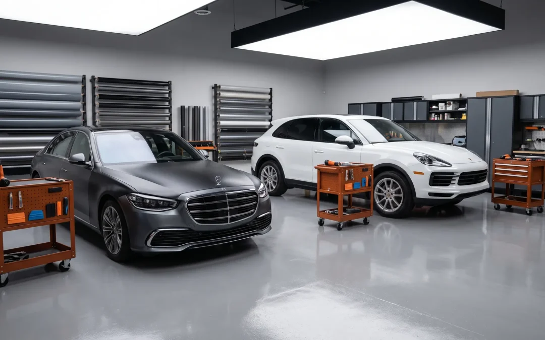 Clean professional vinyl wrap shop interior with two vehicles mid-install and film roll racks