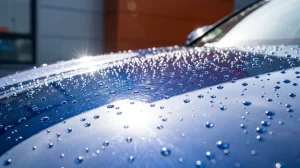 Sunlight and water beading on a car hood showing summer heat car protection