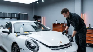 Technician installing clear paint protection film on a white sports car hood before summer heat