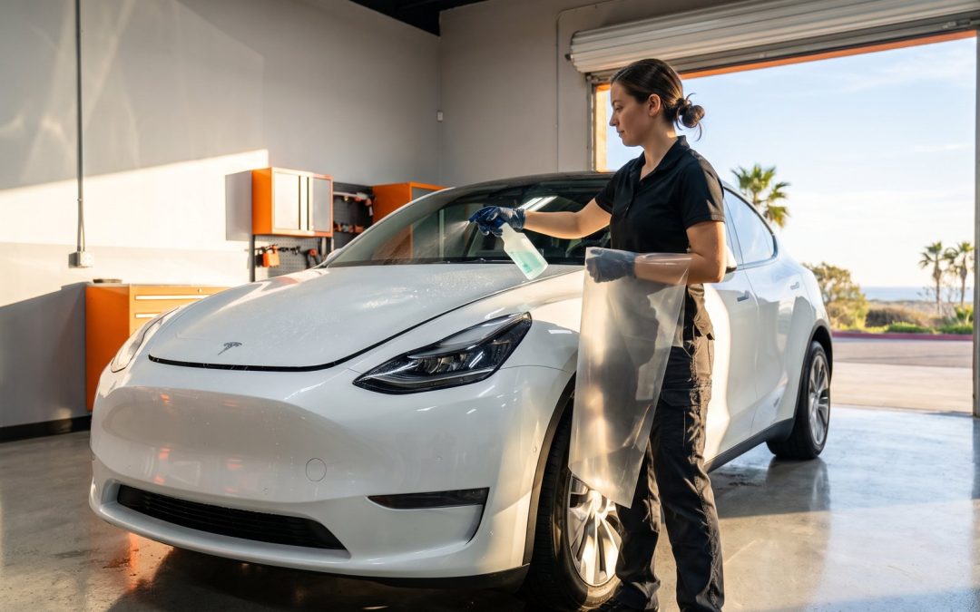 Technician installing Carlsbad paint protection film on a new electric SUV hood