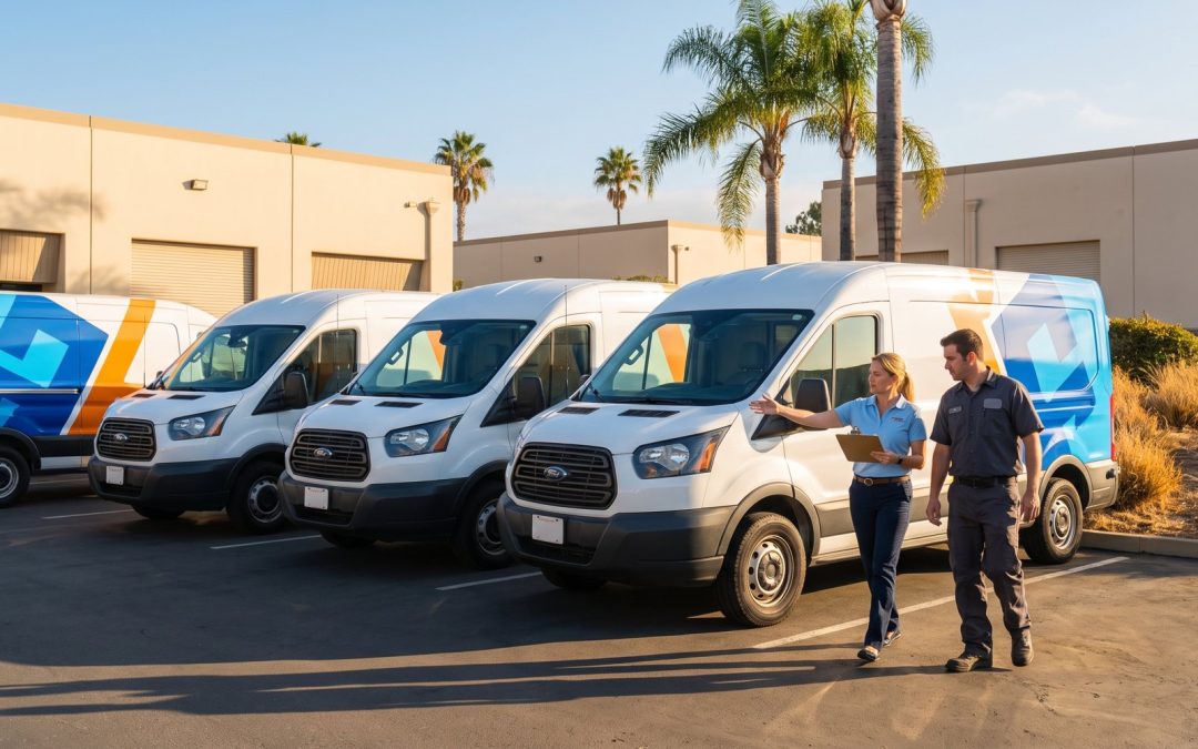 Chula Vista vehicle wraps with matching fleet graphics on three cargo vans