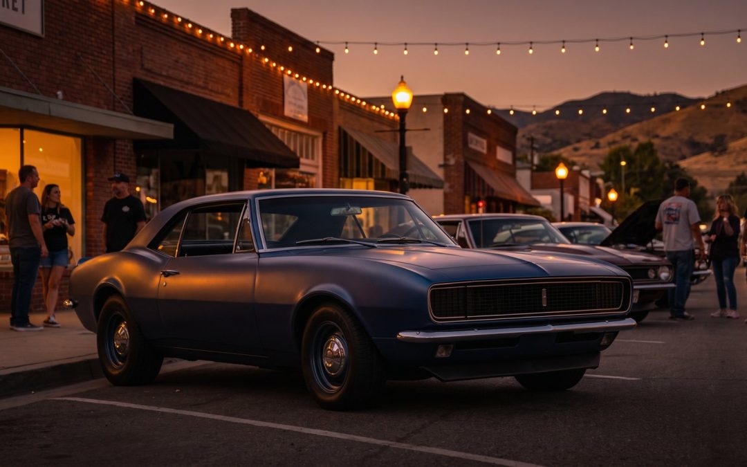 Satin blue El Cajon car wrap on a classic car during an evening cruise night