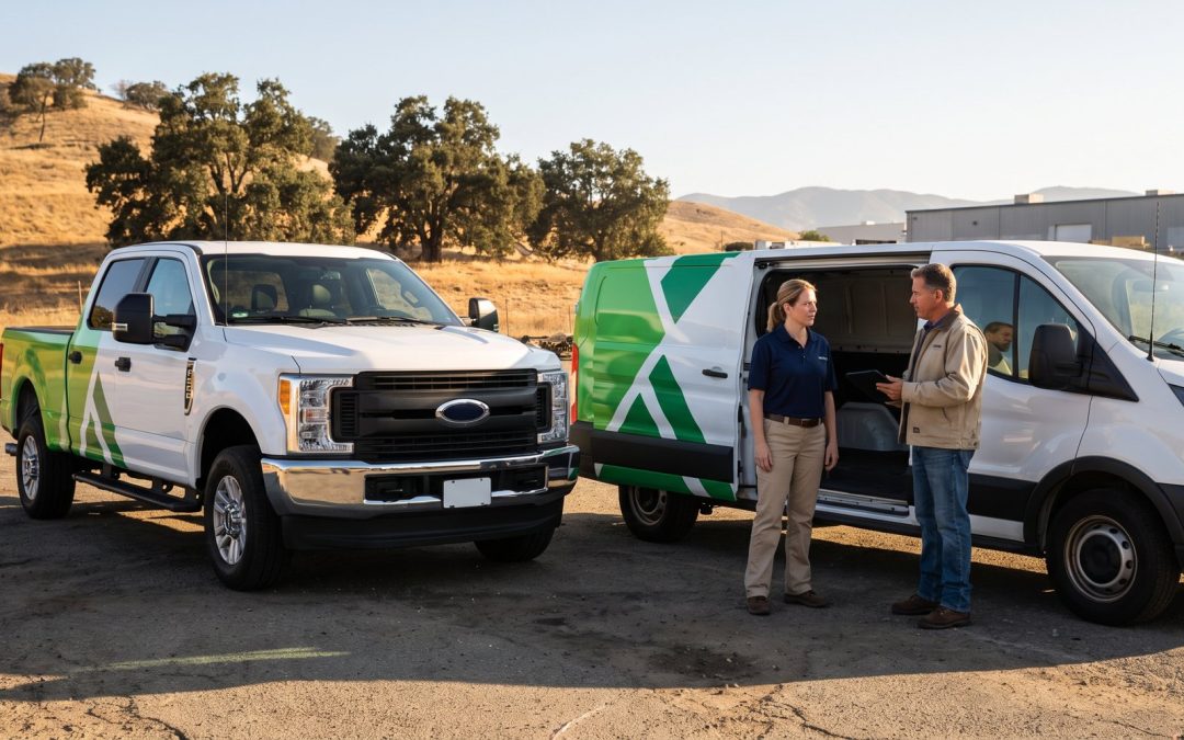 Escondido vehicle wraps with matching graphics on a work truck and cargo van