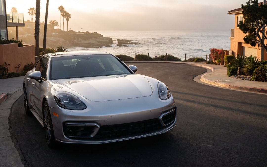 La Jolla car wraps and clear paint protection film on a luxury sedan by the coast