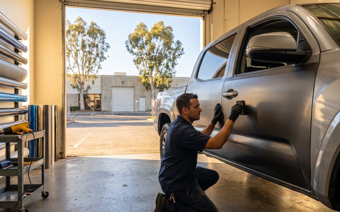Installer applying a Miramar vehicle wrap to a pickup truck in a San Diego shop