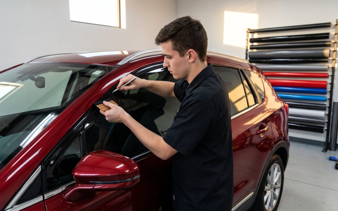 Technician doing a chrome delete as part of National City car wraps on a new SUV