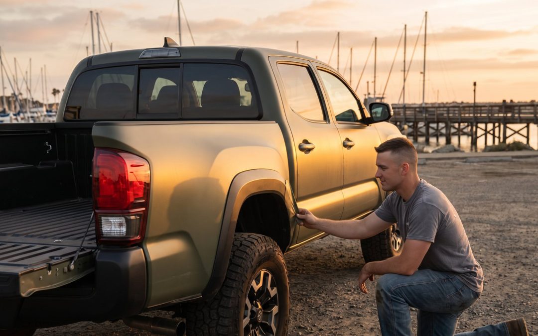Satin olive Oceanside truck wrap on a pickup parked near the harbor