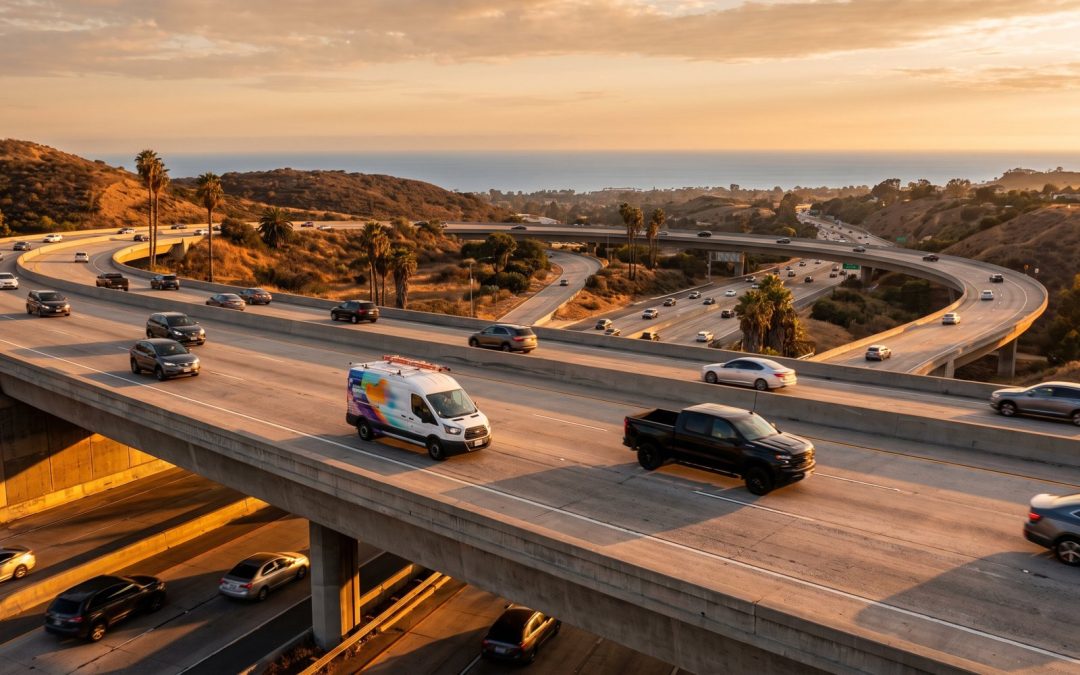 San Diego vehicle wraps on a van and truck driving a county freeway