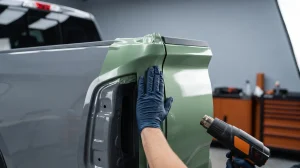 Heat gun and gloved hand wrapping matte green vinyl around a truck tailgate edge