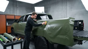 Installer applying matte army green truck wrap to the bed side of a Toyota Tacoma