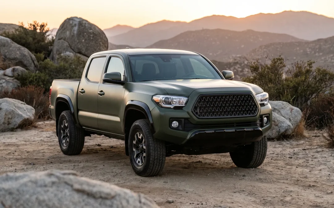 Toyota Tacoma in matte army green truck wrap in San Diego backcountry