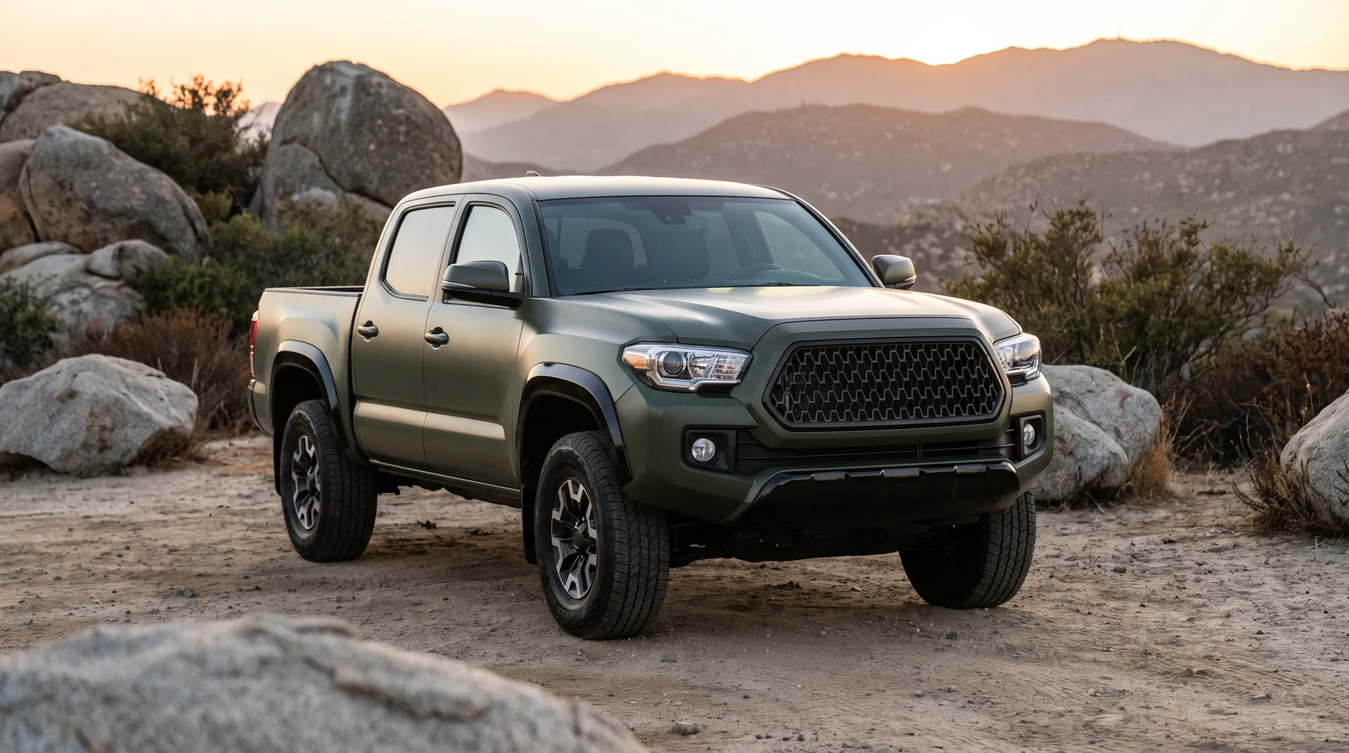 Toyota Tacoma in matte army green truck wrap in San Diego backcountry