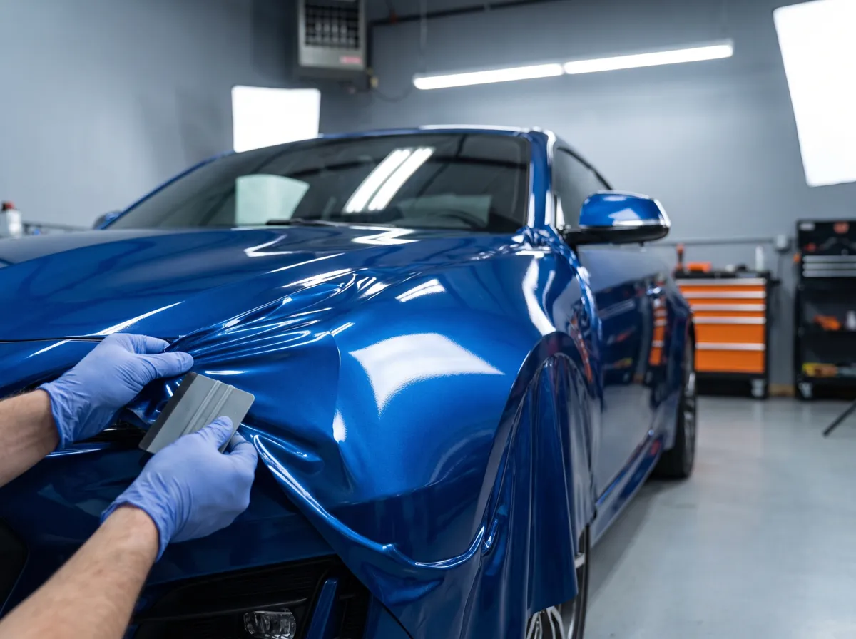 Installer wrapping a coupe fender in metallic blue vinyl wrap in San Diego Installer wrapping a coupe fender in metallic blue vinyl wrap in San Diego
