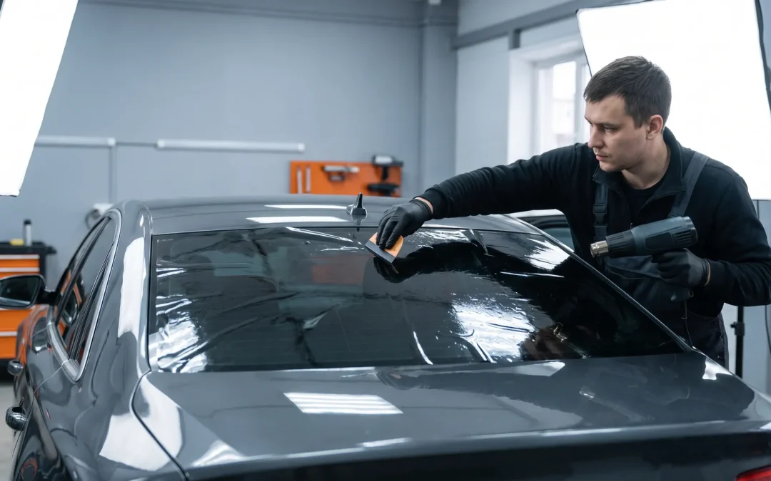 Technician installing window tint film on a sedan rear window with a heat gun