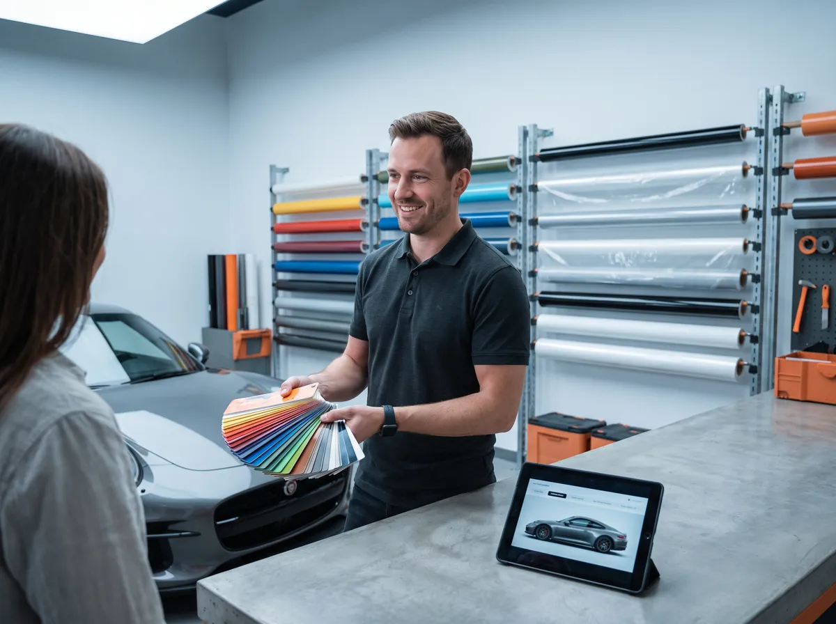 San Diego wrap consultant showing vinyl color swatches to a customer San Diego wrap consultant showing vinyl color swatches to a customer